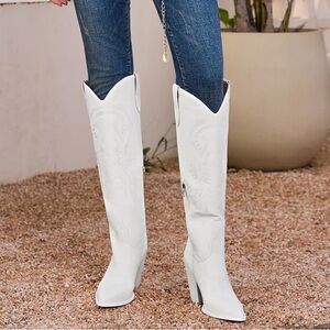 Chic White Western Knee-High Boots